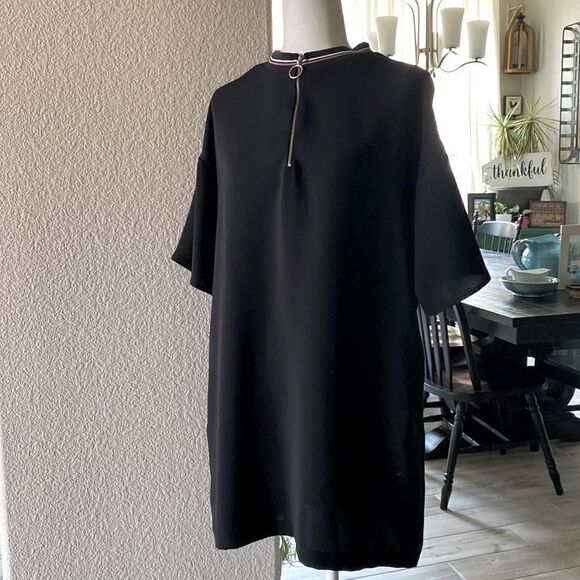 Zara Basic Black Shirt Dress Silver Zipper Pockets Short Sleeves S Oversize Boho - Picture 2 of 9